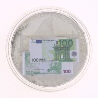 Lote 117 - MEDALHA TOKEN DE 100 EUROS - Medalha em cuproníquel com nota de 100 euros em frente ao mapa da Europa e uma ponte reverso com o "rapto da europa" e mapa da europa. Legenda "European Currency Europäische Währung Monnaie Europeenne 01.01.2002 ". 