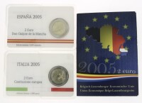 Lote 167 - UE, MOEDAS DE 2 EUROS - 3 moedas de baixa tiragem de Bélgica-Luxemburgo 2005, Espanha 2005 e Itália 2005, em embalagens individuais. Nota: sem classificação atribuída pela Oportunity Leilões, cabe ao licitante atribuir a classificação e a valor