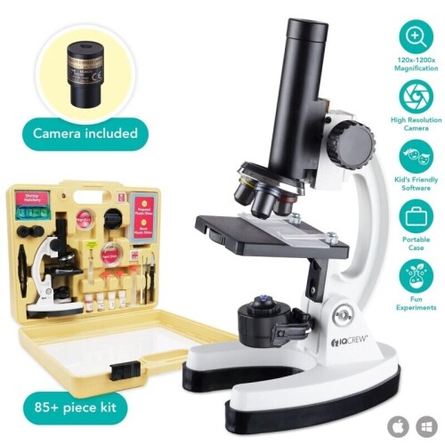 Lote 86 - Microscópio IQCREW by AmScope Kid's 85+ Piece Premium Microscope Kit é uma ferramenta educativa versátil que inclui um microscópio de alta qualidade, totalmente em metal, com ampliação de 120X a 1200X, focagem de precisão, duas fontes de luz e u