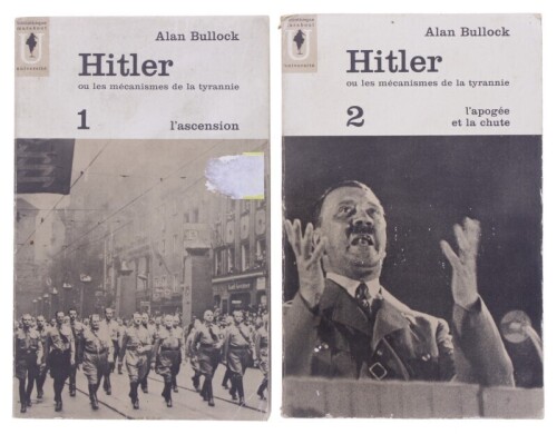 Lote 312 - "HITLER - OU LES MÉCANISMES DE TYRANNIE, 2 VOLS, LIVROS - Conjunto composto pelos seguintes títulos "L`ascension" e "L`apogée et la chute", por Alan Bullock,edições de Marabout Université, capas brochuras. Nota: com sinais de uso e armazenamen