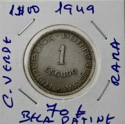 Lote 716 - Numismática - Moedas; Portugal; 1 Escudo 1949 de Cabo Verde em estado BELO com patine (moeda muito pouco comum) – Cotação pelo anuário numismática 2013 - 70€