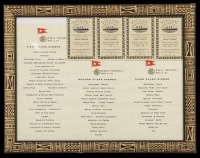 Lote 87 - R.M.S. TITANIC, MENUS E BILHETES - Conjunto de réplicas dos menus de jantar de 14 de Abril de 1912 para 1ª, 2ª e 3ª Classes e 4 bilhetes de viagem sendo 1 de 3ª Classe, 1 de 2ª Classe e 2 de 1ª Classe apresentados em moldura. Dim: 35x45 cm (mold