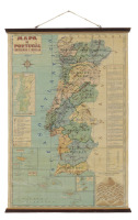 Lote 91 - MAPA DE PORTUGAL CONTINENTAL E INSULAR - Coordenado por J.R. Silva, à escala 1/800.000, com legendas, rosa-dos-ventos e outros. Dim: 85x58 cm. Nota: sinais de uso, defeitos, com réguas de suspensão em madeira