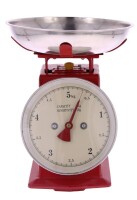 Lote 198 - BALANÇA DE COZINHA - Modelo em metal lacado a vermelho com prato em inox, capacidade 5 Kg. Dim: 27 cm. Nota: sinais de uso