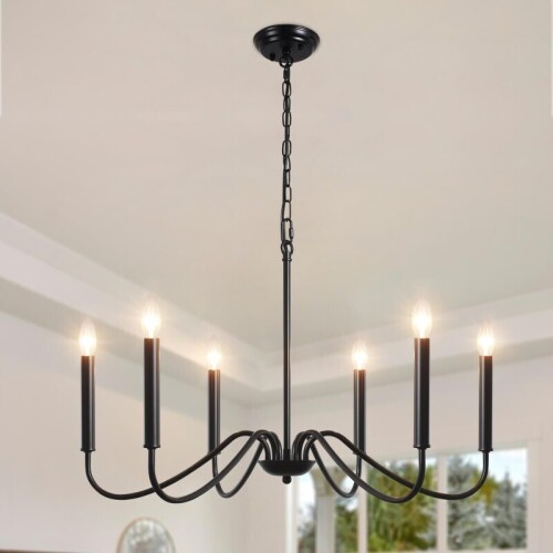 Lote 399 - Lustre Preto ASHUAQI, Luminária Pendente Moderna de 6 Luzes, Estilo Clássico de Vela, Metal, Soquete E14, para Sala de Estar, Sala de Jantar, Quarto, Cozinha. O artigo provém de uma encomenda não entregue ao cliente, está em estado novo, nunca 