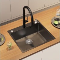 Lote 67 - Lava-louças de cozinha Auralum, preto, 54 x 49 cm, aço inoxidável, 1 bacia, inclui dispensador de sabão de 500 ml, sifão e transbordamento. Estilo moderno, instalação em bancada, acabamento pintado, forma retangular, grelha de escoamento. O arti