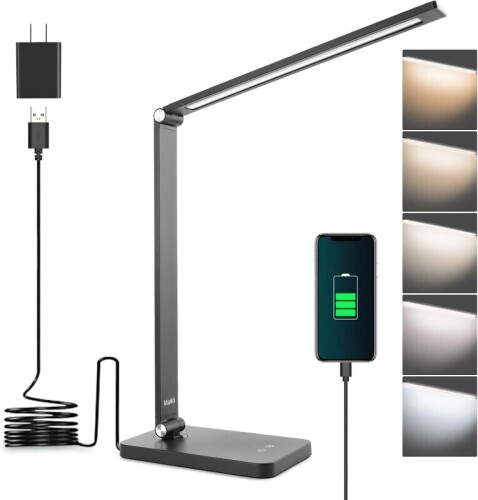 Lote 76 - Candeeiro de secretária LED Mafiti com 5 modos, 3 níveis de luminosidade, controlo tátil, braço ajustável, porta USB e vida útil de 50 000 horas. Dobrável e estável para casa ou escritório. O artigo provém de uma encomenda não entregue ao client