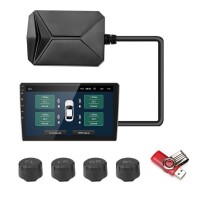 Lote 149 - Sistema de controlo da pressão dos pneus TPMS USB da Jansite com alarme de pressão dos pneus para automóveis. Concebido para leitores de navegação Android, inclui 4 sensores externos à prova de água. O artigo provém de uma encomenda não entregu