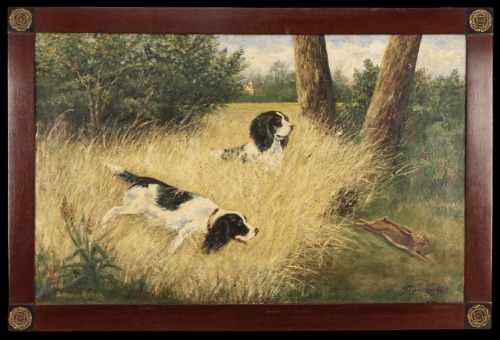 Lote 75 - F. CAMPAGNAC - Original - Pintura a óleo sobre tela, assinada, datada de 1915, motivo "Cães de Caça". Dim: mancha 50x79 cm. Dim: moldura 58x87 cm