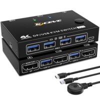 Lote 207 - Switch KVM 2 em 1 Out 8K DisplayPort com 4 portas USB 3.0. Suporta até 3440x1440@144Hz, 4K@60Hz. Plug-and-play, inclui 2 cabos USB, controlo remoto e manual. O artigo provém de uma encomenda não entregue ao cliente, está em estado novo, nunca u