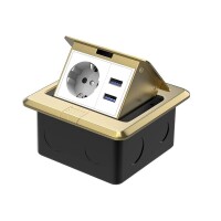 Lote 325 - Tomada retrátil à prova de água AXOTEN, GOLD, em alumínio. Possui 1 ficha e 2 saídas USB. Dimensões: 12,5L x 12,5W cm. Total de tomadas: 3. Ideal para pavimentos, mesas e bancadas de trabalho. O artigo provém de uma encomenda não entregue ao cl