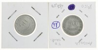 Lote 93 - ANGOLA, MOEDAS DE 50 CENTAVOS, ANOS 1948 E 1950 - 2 moedas em alpaca da República Portuguesa de Angola sendo de 1948 e 1 de 1950. Dim: 22,5 mm (diâmetro). Nota: sem classificação atribuída pela Oportunity Leilões, cabe ao licitante atribuir a cl