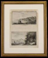 Lote 281 - PAISAGENS - Par de gravuras Italianas sobre papel por Marochiano, Scuola di Virgilio e Morghen, motivo "Lago d`Agniano" e "Grotta del Cano". Dim: mancha 14x26 cm (cada). Dim: moldura 57x47 cm