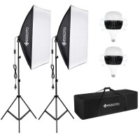 Lote 208 - Conjunto de softbox GEEKOTO 50 x 70 cm para estúdio fotográfico. Inclui 2 lâmpadas softbox E27 85W 5500K e suportes de luz ajustáveis de 2 m. Ideal para retratos, fotografia de produtos e moda. Este artigo provém de uma devolução ou de uma enco