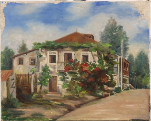 Lote 18 - PINTURA - Original - Pintura a óleo sobre tela, motivo "Paisagem com Casa", com 36x45 cm (sem moldura). Nota: apresenta falhas na mancha pictórica