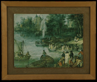 Lote 44 - PAISAGEM COM FIGURAS - Impressão decorativa sobre cartão, motivo "Paisagem com Figuras". Dim: mancha 26x33 cm. Dim: moldura 38x45 cm