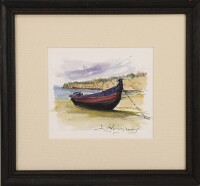 Lote 71 - JOSÉ PÁDUA (1934-2016) - Original - Pintura a aguarela sobre papel, assinada, datada de 2005, motivo "Vista Marinha". Dim: mancha 13x15 cm. Dim: moldura 26x28 cm. Nota: José Pádua nasceu na cidade da Beira, Moçambique, residindo em Lisboa desde 