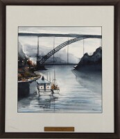 Lote 81 - ROMARIZ - Original - Aguarela sobre papel, assinada e datada de 91, motivo "Vita do Douro com Barcos e a Ponte D. Luís", com 34x34 cm (moldura com 56x49 cm)