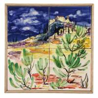 Lote 134 - PAINEL DE AZULEJOS - Painel decorativo de 4 azulejos pintados à mão, motivo "Paisagem Campestre com Casario no Monte", com 30x30 cm (moldura com 32,5x32,5 cm)