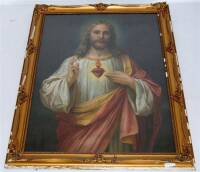 Lote 8939 - Quadro com impressão sobre platex, motivo "Sagrado Coração de Jesus", com 95x69 cm, com moldura dourada antiga, com falhas e defeitos