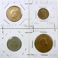 Lote 8956 - Lote de 4 moedas D. Carlos I, moeda de 100 Reis de 1900, moeda de 20 Reis de 1891, moedas de 10 Reis de 1891 e moeda de 5 Reis de 1891