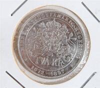 Lote 9157 - Moeda de Prata da Suecia+Noruega, datada de 1897, são 2 Krones em MBC