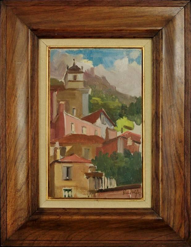 Lote 2977 - Fred Kradolfer (1903-1968) - Original - óleo sobre madeira  colado em platex, paisagem urbana. Assinado. Dim: 28,5x17,5 cm (moldura com  47x36 cm). Notas: Óleo, de dimensões ligeiramente superiores, com