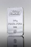 Lote 3 - Barra de Prata Fina 999,9 com 100 gr de Prata Pura e com certificado de garantia emitido por Albino Moutinho Lda, em bolsa própria individualmente acondicionada.